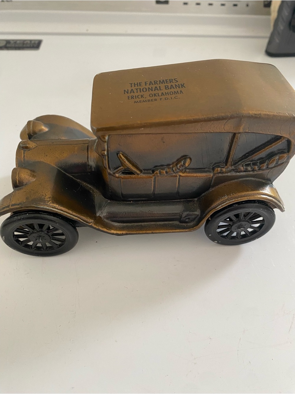 Vintage Banthrico Car Coin Bank Erick Oklahoma Bronze Tone
